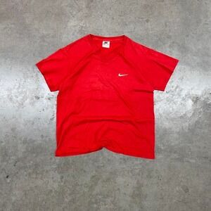 Nike Red V-Neck T-Shirt‎ White Swoosh Men's L